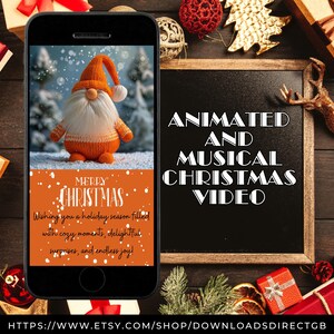 GEANIMEERDE KERSTKAART, muzikale vrolijke kerstgroet, animatievideo voor telefoons, kerstkaart, oranje kerst, kabouter, gonk