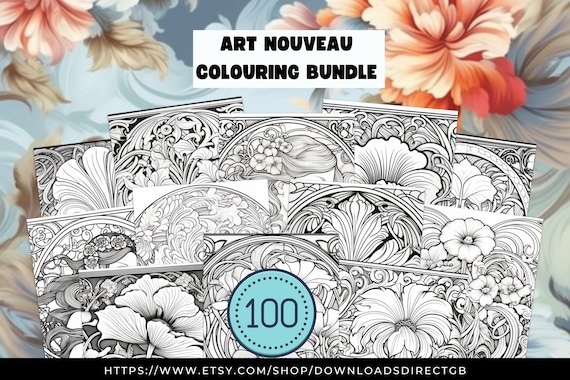 ART COLOURING BUNDLE, Art Nouveau Adult Coloring Book, 100 Adult