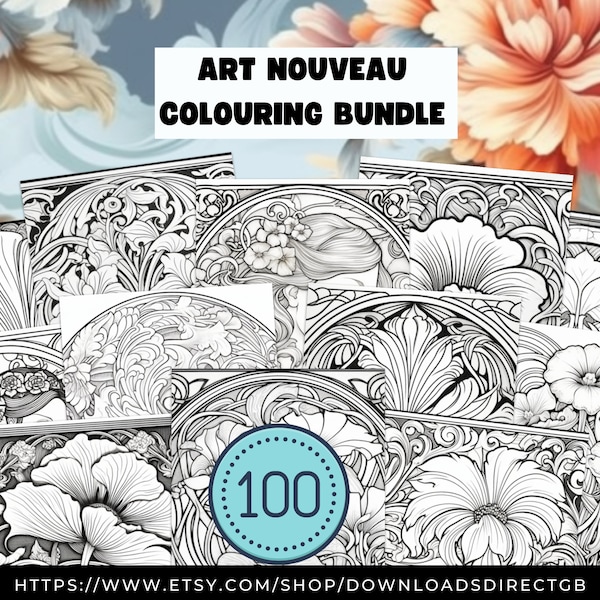 KUNST KLEURBUNDEL, art nouveau volwassen kleurboek, 100 volwassen kleurplaten, afdrukbare kleurcadeaus voor moeder, voor tieners, art deco