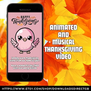 GEANIMEERDE DANKKAART, muzikale gelukkige Thanksgiving-groet, geanimeerde video voor telefoons, e-card dankbaarheid herfst, digitale kalkoenkaart, roze