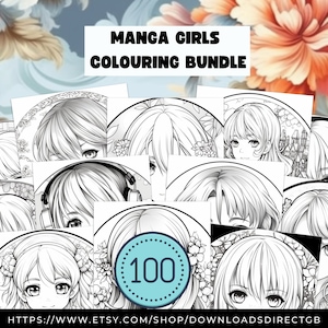 MANGA COLOURING BUNDLE, adult coloring book, 100 adult colouring pages, printable coloring gifts for mom, anime gifts for women