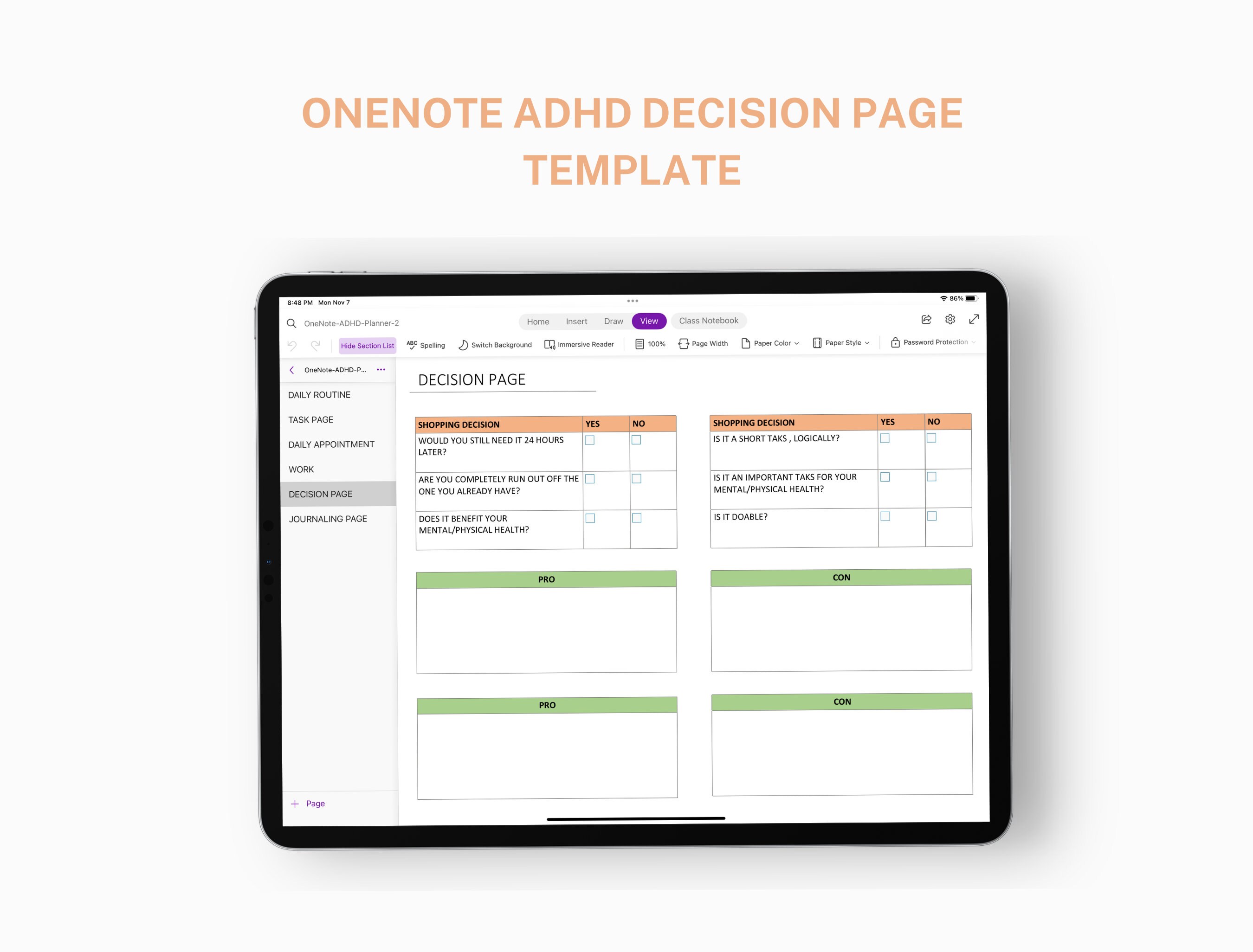 ONENOTE Adhd Planner Onenote Adhd Planner Digital Adhd Etsy