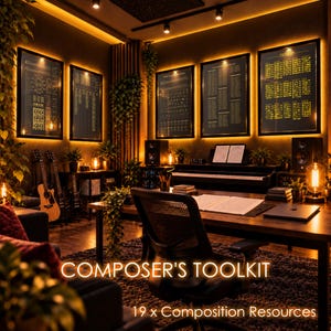 May include: A collection of 19 composition resources titled COMPOSER'S TOOLKIT, displayed as five framed posters with yellow text on black backgrounds, mounted on a dark wall in a music studio with guitars, a piano, and warm ambient lighting.
