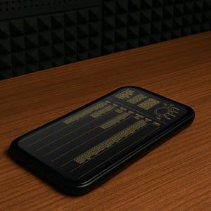 May include: A black smartphone featuring a dark screen with gold-coloured text and a circular diagram. The display shows columns of organised data with labels including Solar, Mercury, Venus, Earth, Mars, Jupiter, Saturn, Uranus, and Neptune.