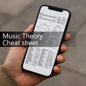 May include: A smartphone displays a music theory cheat sheet with musical notation, a wheel of fifths, and chord diagrams. The screen shows the text "Music Theory Cheat sheet". The phone is held in a person's hand.