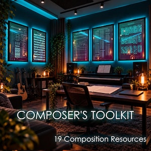 May include: A music studio workspace featuring five framed posters with musical notation and charts on a dark teal wall illuminated by blue LED strips. The room includes a wooden desk, a black office chair, guitars, and a piano. Text reads COMPOSER'S TOOLKIT 19 Composition Resources.