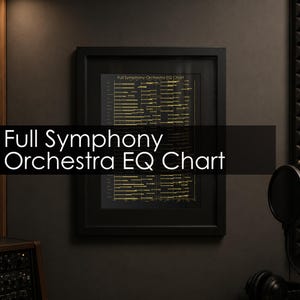 May include: A framed wall art print titled Full Symphony Orchestra EQ Chart, featuring yellow graphical frequency data lines against a black background, enclosed in a simple black frame with a matching black matting border.