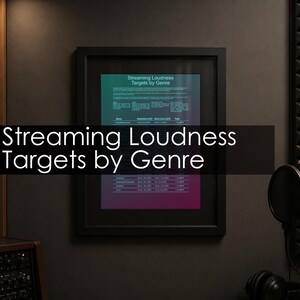 Peut inclure: Une affiche encadrée intitulée Streaming Loudness Targets by Genre avec un fond dégradé allant du bleu sarcelle au violet. Le texte fournit des directives audio techniques pour divers genres musicaux, incluant des mesures LUFS et True Peak.