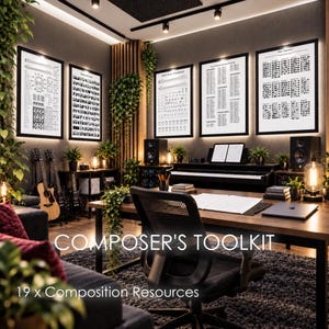 May include: A set of 19 music composition resources displayed as five framed wall posters in a studio. The posters feature black text and diagrams on white backgrounds, including charts for scales, chords, and music theory, titled Composer's Toolkit.