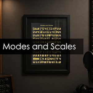 Peut inclure: Une affiche murale encadrée intitulée Modes and Scales présentant une grille de diagrammes de claviers de piano dorés sur fond noir. Le tableau affiche diverses gammes et modes musicaux avec des touches étiquetées, dans un cadre noir.