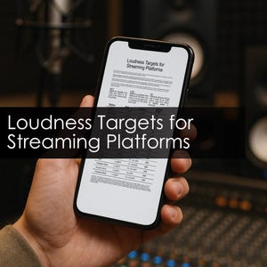 May include: A black smartphone displays a document titled "Loudness Targets for Streaming Platforms." The screen shows a table with platform names and loudness specifications. The phone is held in a hand, with a blurred studio background.