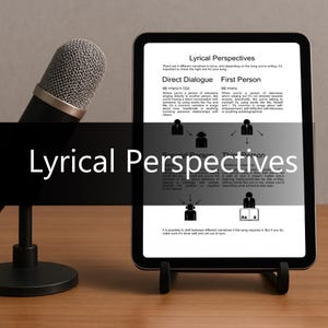 May include: A black tablet displaying "Lyrical Perspectives" with text about song narratives. A microphone is positioned to the left. The tablet is on a black stand, and the background is a wooden surface.