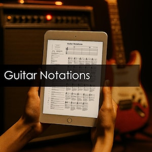 Könnte beinhalten: Ein Tablet mit Gitarrennotationen, das vor einem Gitarrenverstärker und einer rot-weißen E-Gitarre gehalten wird. Der Tablet-Bildschirm zeigt Noten und die Worte "Guitar Notations".