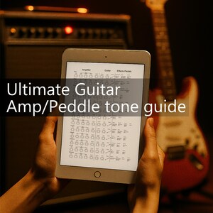 May include: A tablet displaying a guitar amp and pedal tone guide, held in front of a guitar amplifier and a red electric guitar. The text on the tablet reads "Ultimate Guitar Amp/Peddle tone guide."