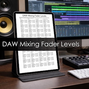 Puede incluir: Una tableta digital que muestra el texto "DAW Mixing Fader Levels". La tableta está apoyada en un soporte, con un teclado y equipos de mezcla de audio visibles en el fondo. La pantalla muestra un gráfico detallado.