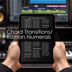 Peut inclure: Une tablette affichant un tableau de référence en noir et blanc intitulé Chord Transitions/Roman Numerals. L'écran liste diverses progressions d'accords musicaux classées par modes, incluant les transitions ioniennes, éoliennes, phrygiennes, mixolydiennes et locriennes.