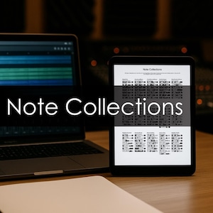 Może przedstawiać: Laptop i tablet wyświetlający dokument zatytułowany Note Collections. Ekran tabletu pokazuje siatkę kategorii i podkategorii nut muzycznych z etykietami tekstowymi. Ekran laptopa przedstawia interfejs cyfrowej stacji roboczej audio.