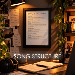 May include: A framed wall poster titled SONG STRUCTURES featuring a list of musical composition formats including Standard Pop, Simple Verse-Chorus, and others, displayed in a black frame on a wall above a desk with a notebook and pen.