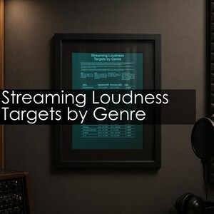Peut inclure: Une affiche encadrée intitulée Streaming Loudness Targets by Genre, avec un fond bleu sarcelle foncé et du texte blanc. Le tableau présente des spécifications audio techniques, incluant des valeurs LUFS et dBTP pour divers genres musicaux.