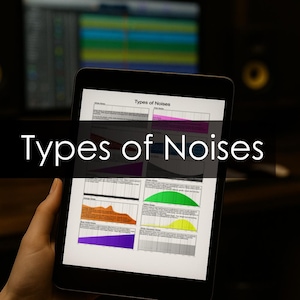 May include: A tablet displays a document titled "Types of Noises." The document features colourful graphs illustrating different noise types. The tablet is held in a hand, with a blurred background of a computer screen and audio equipment.