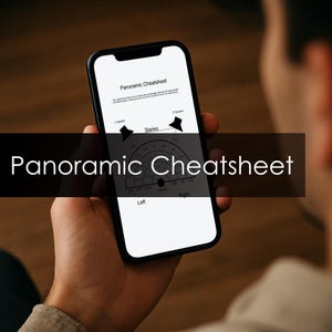 May include: A smartphone screen displaying a "Panoramic Cheatsheet" with diagrams and text. The phone is held in a person's hand. The screen shows a stereo sound field diagram with speaker icons and directional indicators.