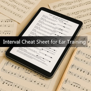 以下が含まれることがあります： 楽譜に囲まれた「Note Intervals & References for Ear Training」のチートシートを表示するデジタルタブレット。タブレット画面には、音程と曲の参照が表示されています。「Interval Cheat Sheet for Ear Training」というテキストが画像に重ねられています。