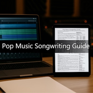 May include: A laptop and tablet displaying the text "Pop Music Songwriting Guide." The laptop screen shows a music production interface with colorful audio tracks. The tablet displays the guide's content, suggesting a learning resource.