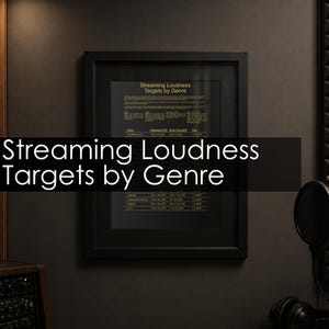 Peut inclure: Une affiche noire encadrée avec du texte doré intitulée Streaming Loudness Targets by Genre. Le tableau présente des spécifications audio techniques, incluant les niveaux LUFS intégrés, LUFS à court terme et les crêtes pour divers genres.