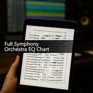 May include: A tablet displaying a "Full Symphony Orchestra EQ Chart" is held in a hand. The chart features a grid-like layout with horizontal lines and vertical bars, likely representing audio frequency equalization settings. The background is blurred, suggesting a studio environment.