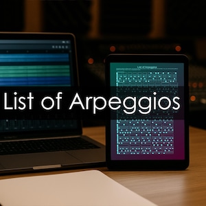 以下が含まれることがあります： List of Arpeggiosというタイトルのグリッドチャートを表示したタブレットと、その横に置かれたダークグレーのノートパソコン。タブレットの画面にはティールブルーとダークブルーの音楽リファレンスガイドと音符の列が表示され、ノートパソコンの画面にはオーディオソフトウェアが表示されている。