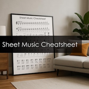 May include: A framed black and white "Sheet Music Cheatsheet" poster. The poster displays musical notes and their corresponding letters. The poster is leaning against a light grey wall next to a sofa with an orange cushion and a potted plant.