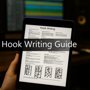 以下が含まれることがあります： 黒いタブレットには、テキストと図が記載された「Hook Writing Guide」が表示されています。画面は手で持たれており、スタジオ機器の背景はぼやけています。このガイドでは、コア原則、繰り返し、感情的なつながりについて説明しています。