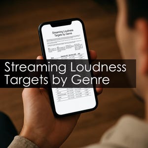 May include: A black smartphone displays a document titled "Streaming Loudness Targets by Genre." The screen shows a table with columns and rows of text. The phone is held in a person's hand, with the title text overlaid at the bottom.