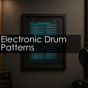 May include: A framed wall art print titled Electronic Drum Patterns featuring a dark background with light blue musical notation and text. The print displays various rhythmic sequences organized in columns within a simple black frame.