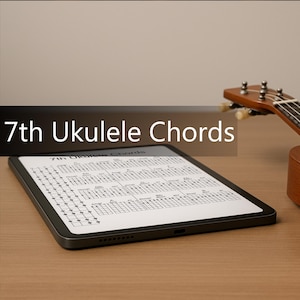 Könnte beinhalten: Ein digitales Tablet zeigt Ukulele-Akkorddiagramme mit dem Text "7th Ukulele Chords". Ein Teil einer Ukulele aus Holz ist im Hintergrund zu sehen, was auf ein musikalisches Thema hindeutet.