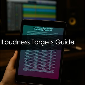 Op de afbeelding: Een tablet met een gids voor luidheidsdoelen voor streamingplatforms. Het scherm toont een tabel met dBTP- en LUFS-waarden voor diensten zoals Spotify, YouTube en Tidal, met de tekst Loudness Targets Guide in het wit weergegeven.