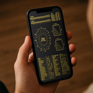 Könnte beinhalten: Ein schwarzes Smartphone zeigt eine goldene Musikreferenzkarte, einschließlich des "Quintenzirkels" und Akkorddiagrammen. Das Telefon wird in einer Hand gehalten und zeigt detaillierte Informationen für Musiker.
