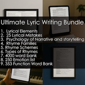 May include: An "Ultimate Lyric Writing Bundle" graphic with text including "Lyrical Elements", "25 Lyrical Mistakes", and "Rhyme Schemes". The image features framed documents and a tablet displaying text, suggesting educational content for songwriters.