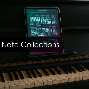 May include: A tablet computer displaying a digital chart titled Note Collections with various musical categories and sub-items in teal text on a dark background, positioned on the music stand of a black upright piano with white and black keys.