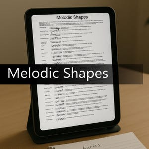 Może przedstawiać: Czarny tablet wyświetlający dokument zatytułowany "Melodic Shapes" z diagramami notacji muzycznej. Tablet jest podparty na stojaku na drewnianej powierzchni. Tekst "Melodic Shapes" jest również nałożony na czarny baner.