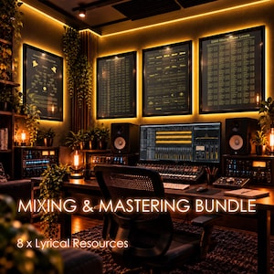 May include: A mixing and mastering bundle featuring four framed instructional posters with technical audio charts and text, including General Stereo Mixing Guide and DAW Mixing Fader Levels, displayed in a professional music studio environment.
