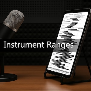 Könnte beinhalten: Ein professionelles Mikrofon und ein Tablet mit der Aufschrift "Instrument Ranges" mit einem schwarzen Ständer. Das Tablet zeigt eine Schwarz-Weiß-Tabelle der Musikinstrumentenbereiche. Der Hintergrund ist ein schallisoliertes Studio.