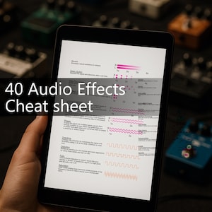 May include: A tablet displays a "40 Audio Effects Cheat Sheet" with diagrams and text. The sheet features pink and orange wave patterns and descriptions of audio effects like reverb, delay, and distortion. The tablet is held in a hand, with other audio equipment visible in the background.