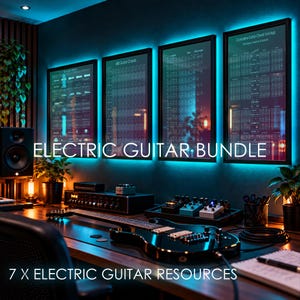May include: A black electric guitar rests on a desk in a studio with four framed music theory posters on the wall. The posters feature text including 51 Audio Effects, 480 Guitar Chords, and Complete Guitar Chord Voicings, illuminated by blue LED lighting.