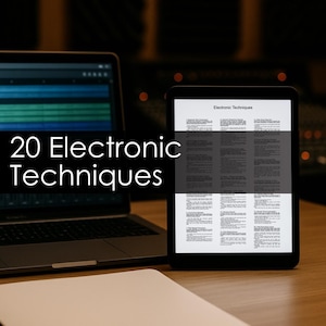 May include: A laptop and a tablet are on a wooden surface. The tablet displays text under the title "Electronic Techniques." The laptop screen is visible in the background. The text "20 Electronic Techniques" is overlaid on the image.