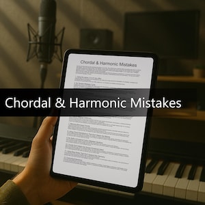 Könnte beinhalten: Ein Tablet mit dem Text "Chordal & Harmonic Mistakes" wird vor einem Klavier und einem Mikrofon gehalten. Der Bildschirm zeigt eine Liste musikalischer Fehler. Der Hintergrund umfasst ein Mikrofon und eine Tastatur.