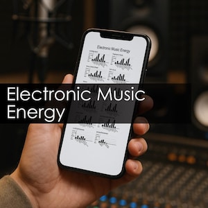 May include: A smartphone displaying a chart titled "Electronic Music Energy" is held in a hand. The chart shows several bar graphs. The background is blurred, suggesting a recording studio environment.