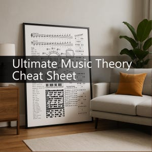 Op de afbeelding: Een ingelijste poster getiteld "Ultimate Music Theory Cheat Sheet" met muzieknotatie, akkoorddiagrammen en een keyboard illustratie. De poster zit in een zwart frame en leunt tegen een muur. Een bank en een bijzettafel staan op de achtergrond.