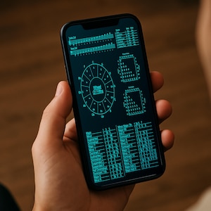 Könnte beinhalten: Ein schwarzes Smartphone zeigt ein türkisfarbenes Musiktheorie-Diagramm, einschließlich eines Quintenzirkels und Akkordinformationen. Das Telefon wird in einer Hand gehalten, mit einem hölzernen Hintergrund.