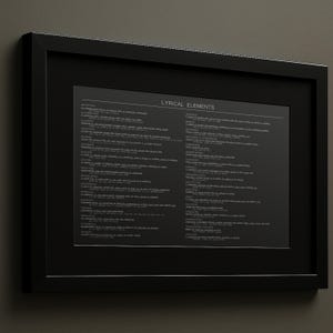 Puede incluir: Impresión enmarcada en negro con el título "LYRICAL ELEMENTS" en texto blanco sobre un fondo gris oscuro. La impresión enumera varios recursos literarios y sus definiciones. El marco es negro.